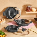 Ensemble de 3 poêles en fonte granit Amboss Astral avec couvercles en verre